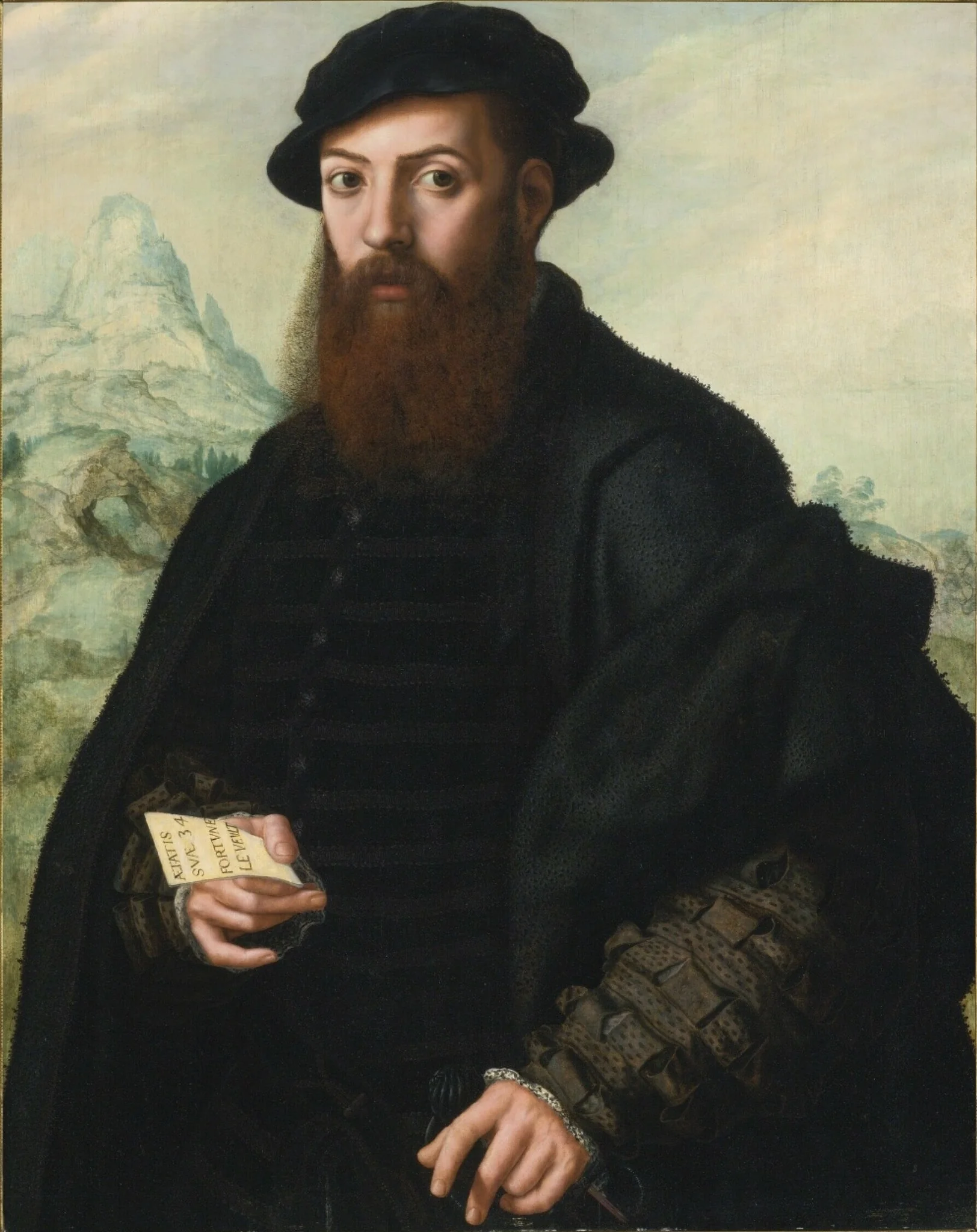 Portrait of a bearded man, aged 34, before an extensive landscape, by Jan Sanders van Hemessen, oil, 1536