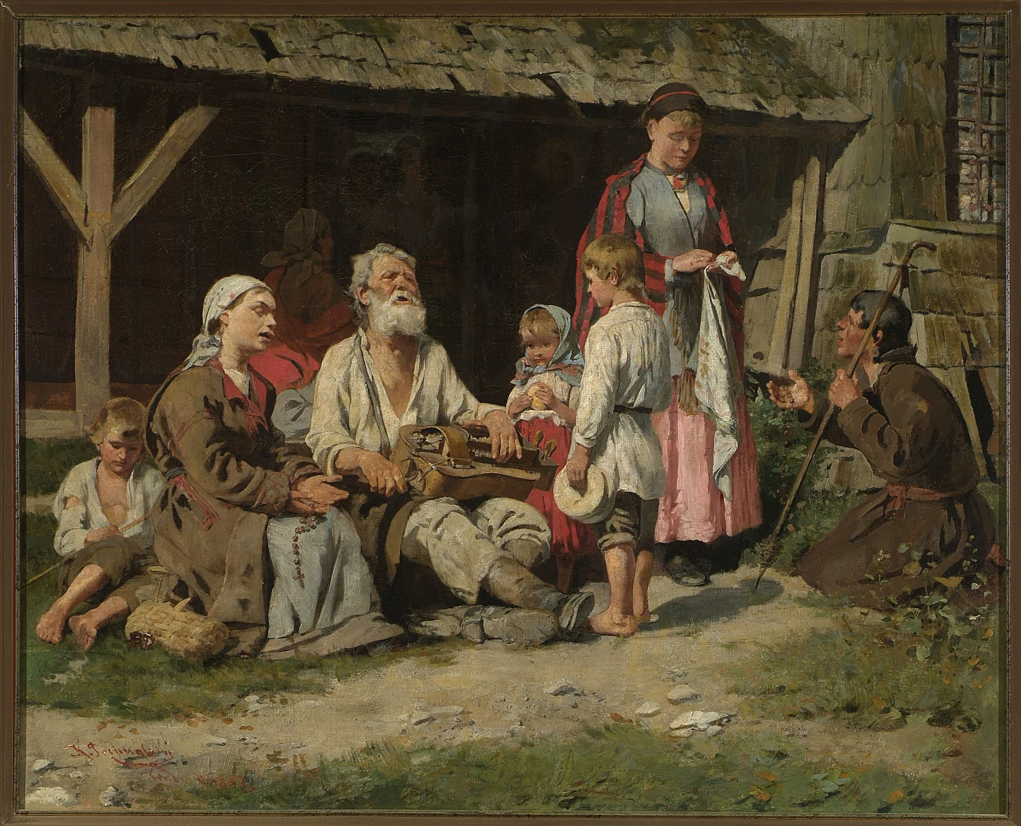 Genre scene – a hurdy-gurdy player in front of a cottage
