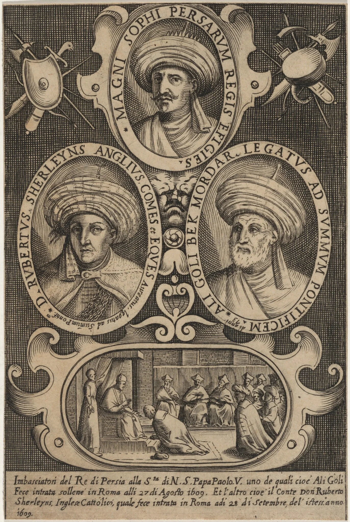 Sir Robert Shirley, With the Shah of Persian and the Papal Legat, by Unknown 19th Century, ink, 1850