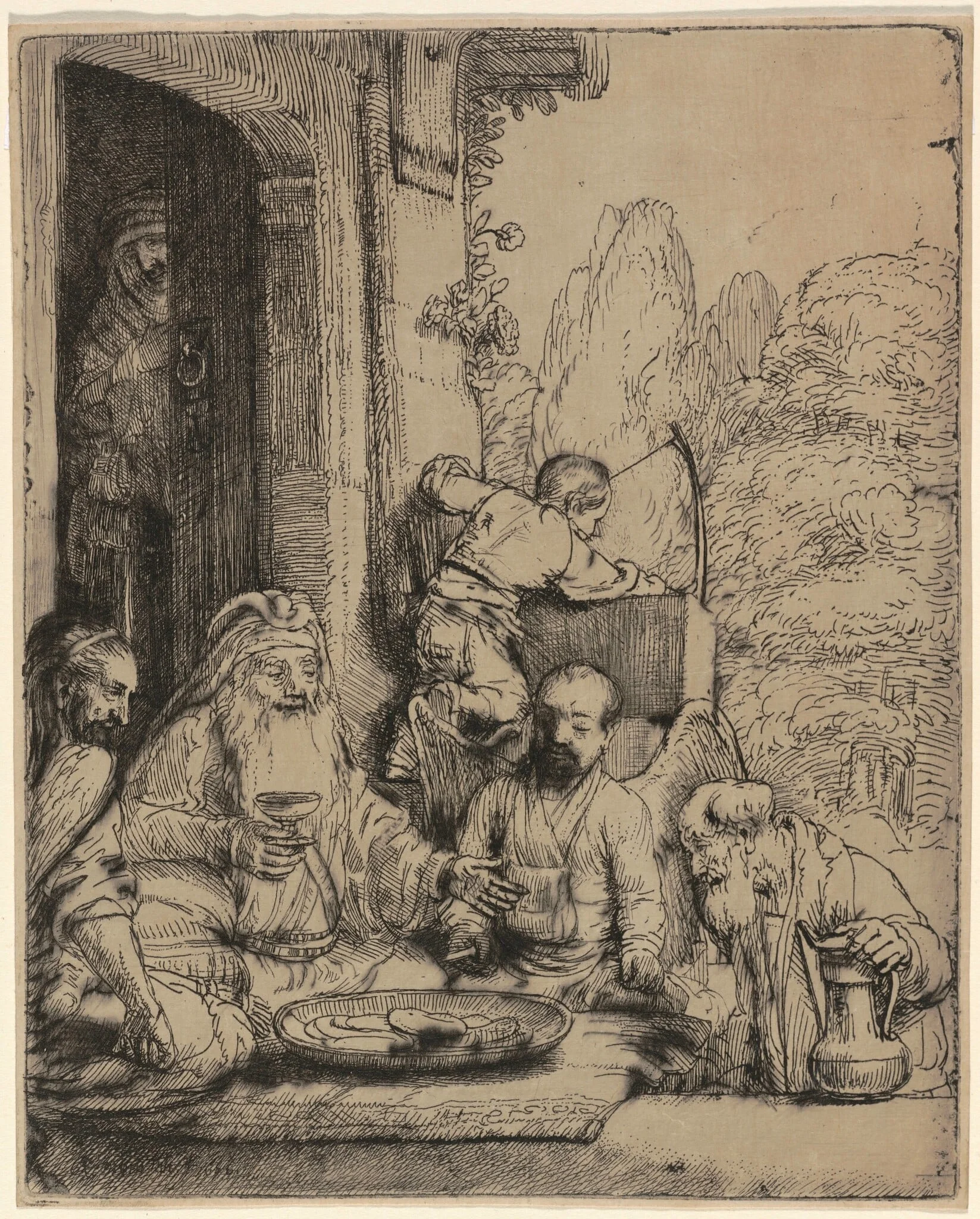 Abraham Entertaining the Angels, by Rembrandt, ink, 1656