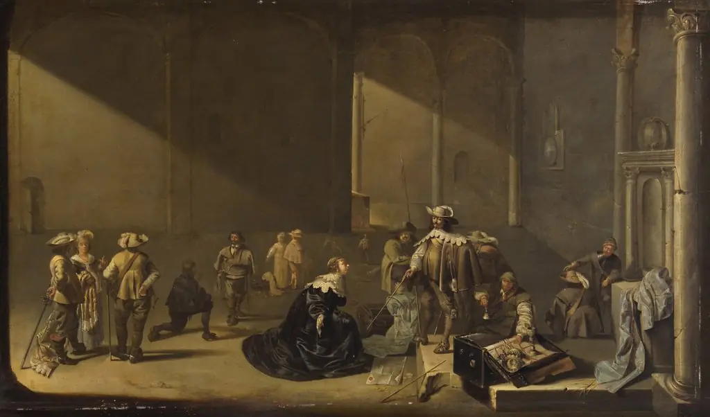 Interior with soldiers inspecting the booty and with a pleading woman