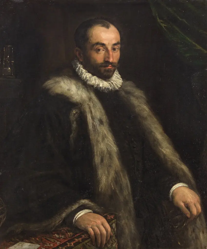 Portrait of man with sun clock and astrolabium