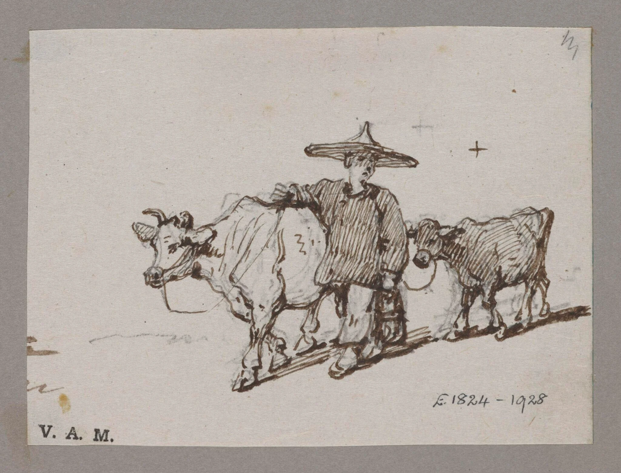 A Chinese figure with a cow and calf, by George Chinnery, 1850