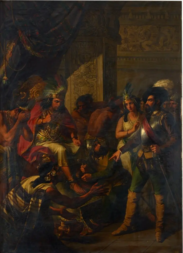 Hernán Cortés el célebre conquistador de Méjico entra con la intérprete doña Marina y tres o cuatro de sus capitanes en el aposento de Moctezuma y con imperio y resolución le manda poner unos grillos