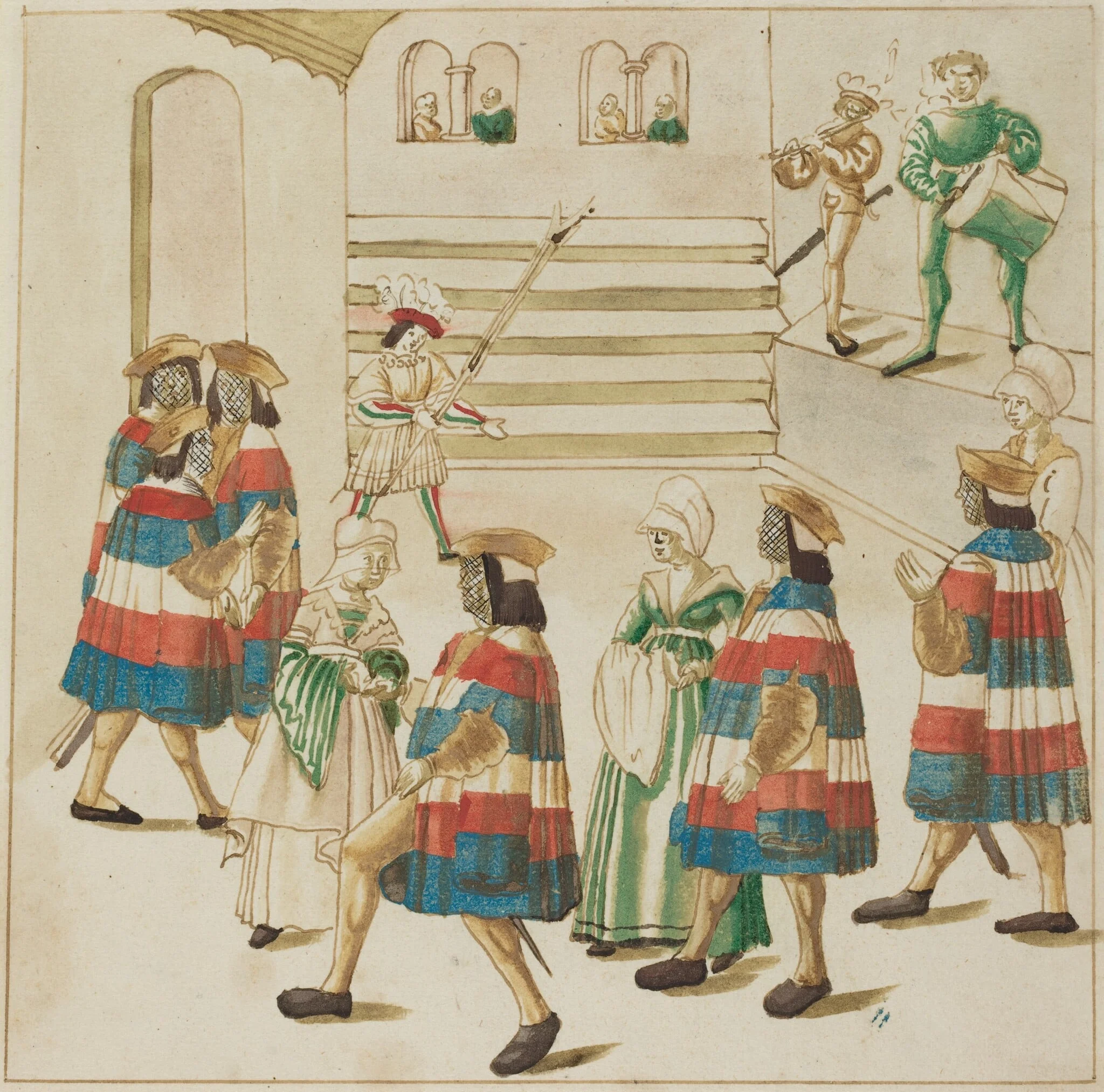 Men in Red, White and Blue Dancing with  Their Partners, by German 16th Century, ink, 1514