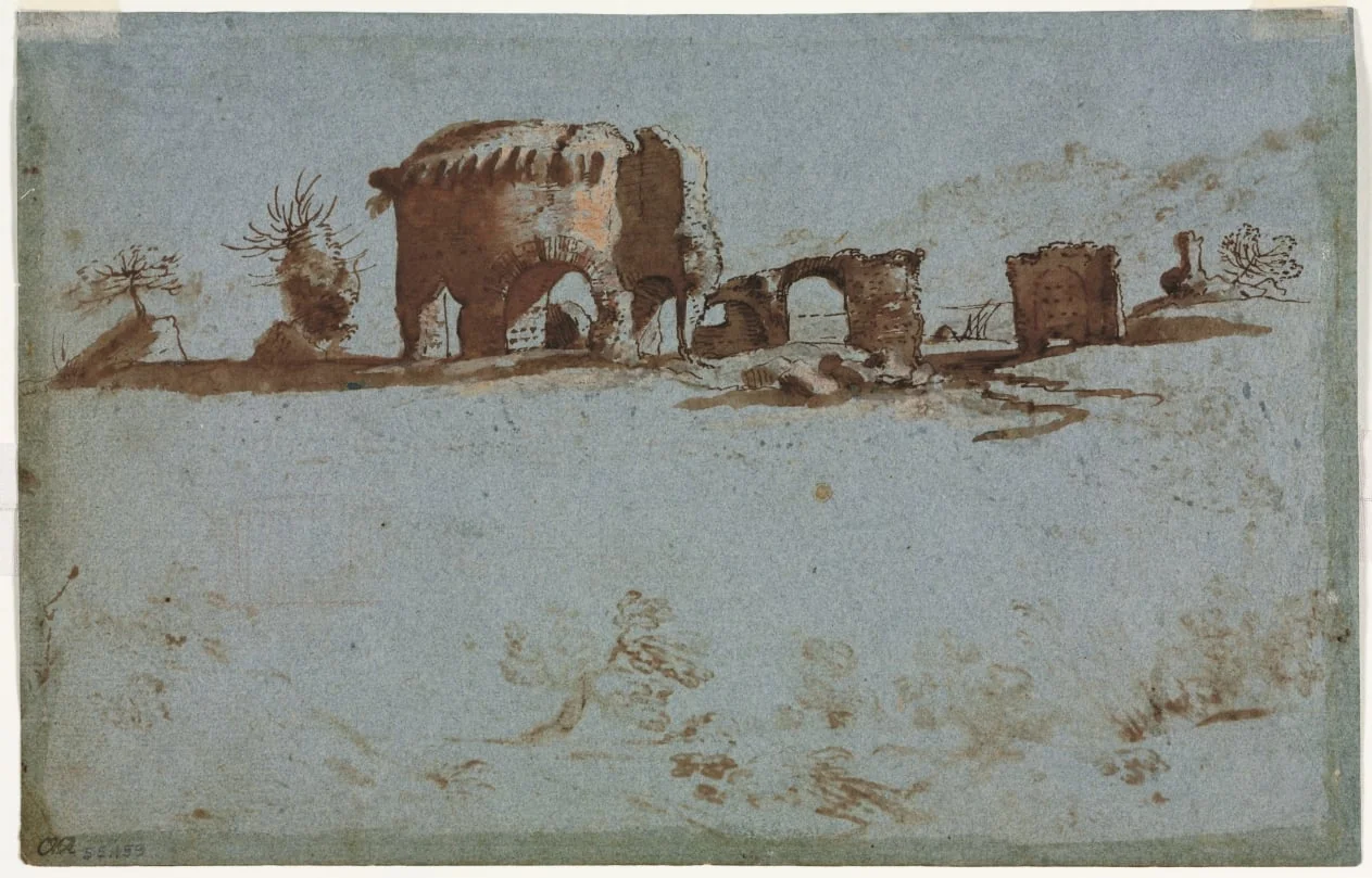 Small Group of Roman Ruins (verso), by Unknown, 1650