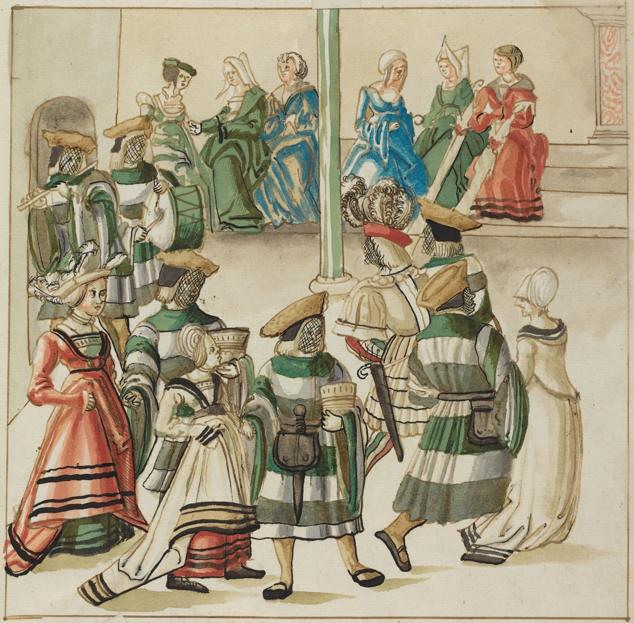 Three Dancing Couples Led by Two Knights in Room with Column, by German 16th Century, ink, 1514