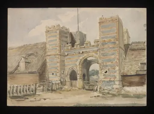 Watercolour drawing by the Grieve family, probably by Thomas Grieve, showing the gatehouse of Garlinge Castle, Kent