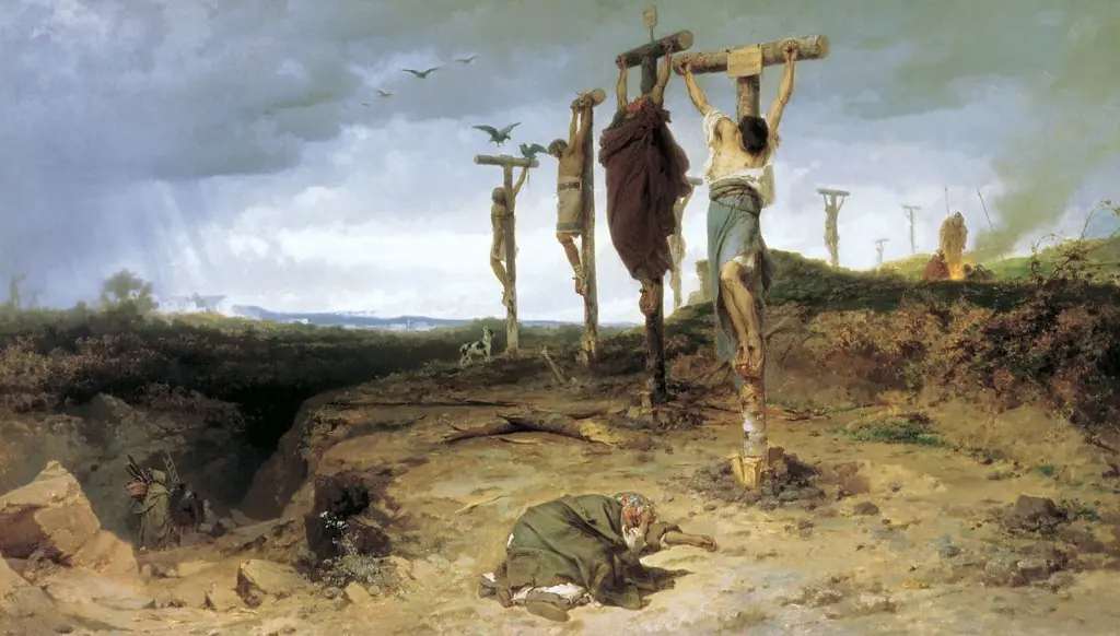 The damned box. Place of execution in ancient Rome. The crucified slaves. the year 1878.