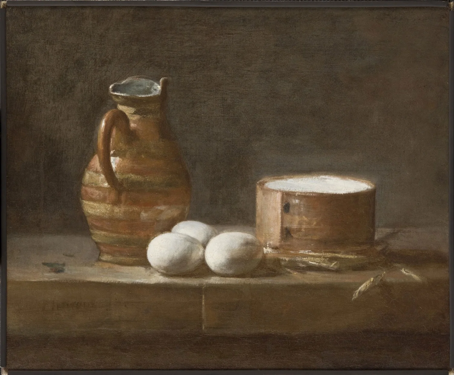 Still Life with Eggs, Cheese, and a Pitcher, by Jean-Baptiste-Siméon Chardin, oil, 1750