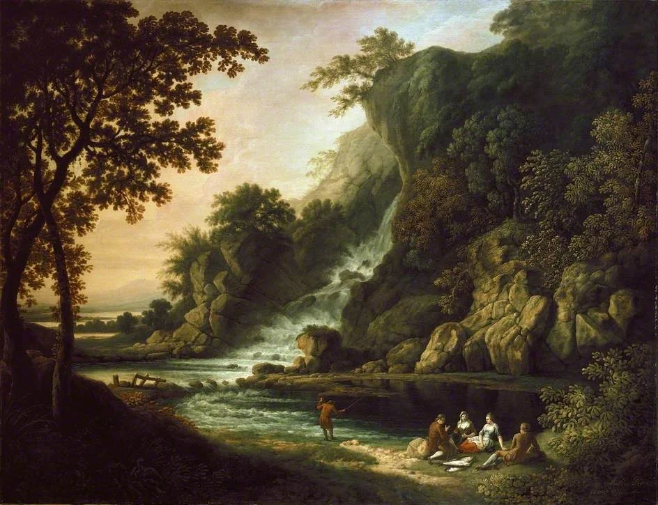 Landscape with a fishing Party by a Waterfall, by George Mullins, oil, 1772