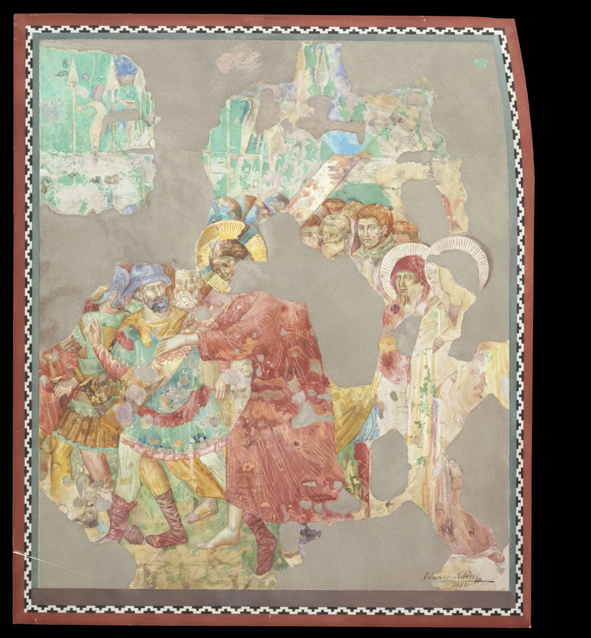 Copy after the painting Christ carrying the cross  attributed to Jacobo Torriti in the Upper Church, San  Francesco, Assisi, by Edward Kaiser, watercolor, 1876