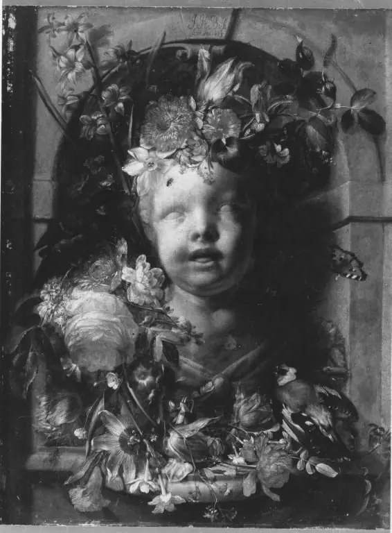 Bust of a child in a flower-decorated niche