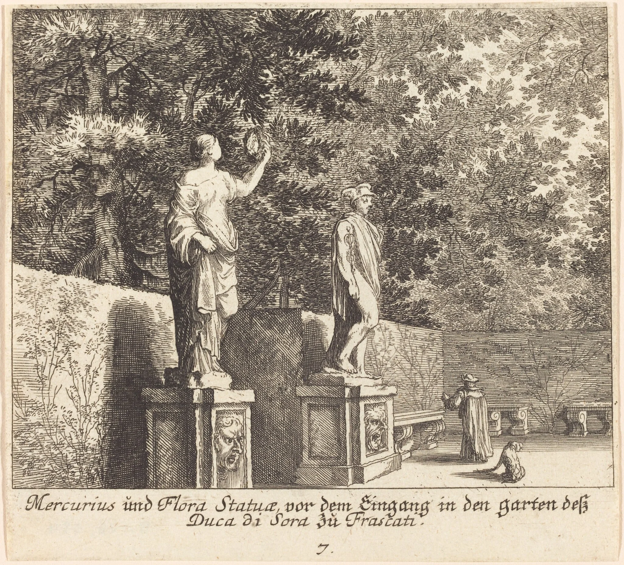 Statues of Mercury and Flora, Gardens of Dukedi Sora, Frascati, by Melchior Küsel, ink, 1681