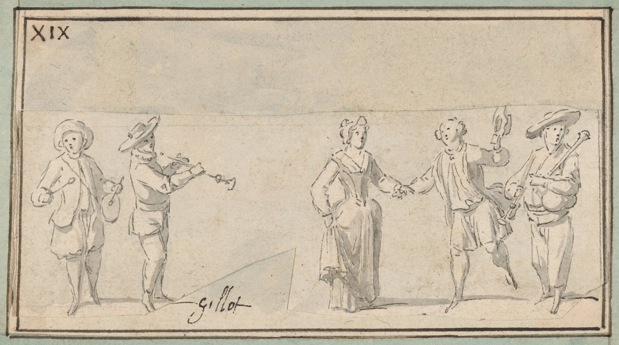 Peasant Musicians and Dancers, by Claude Gillot, watercolor, 1711