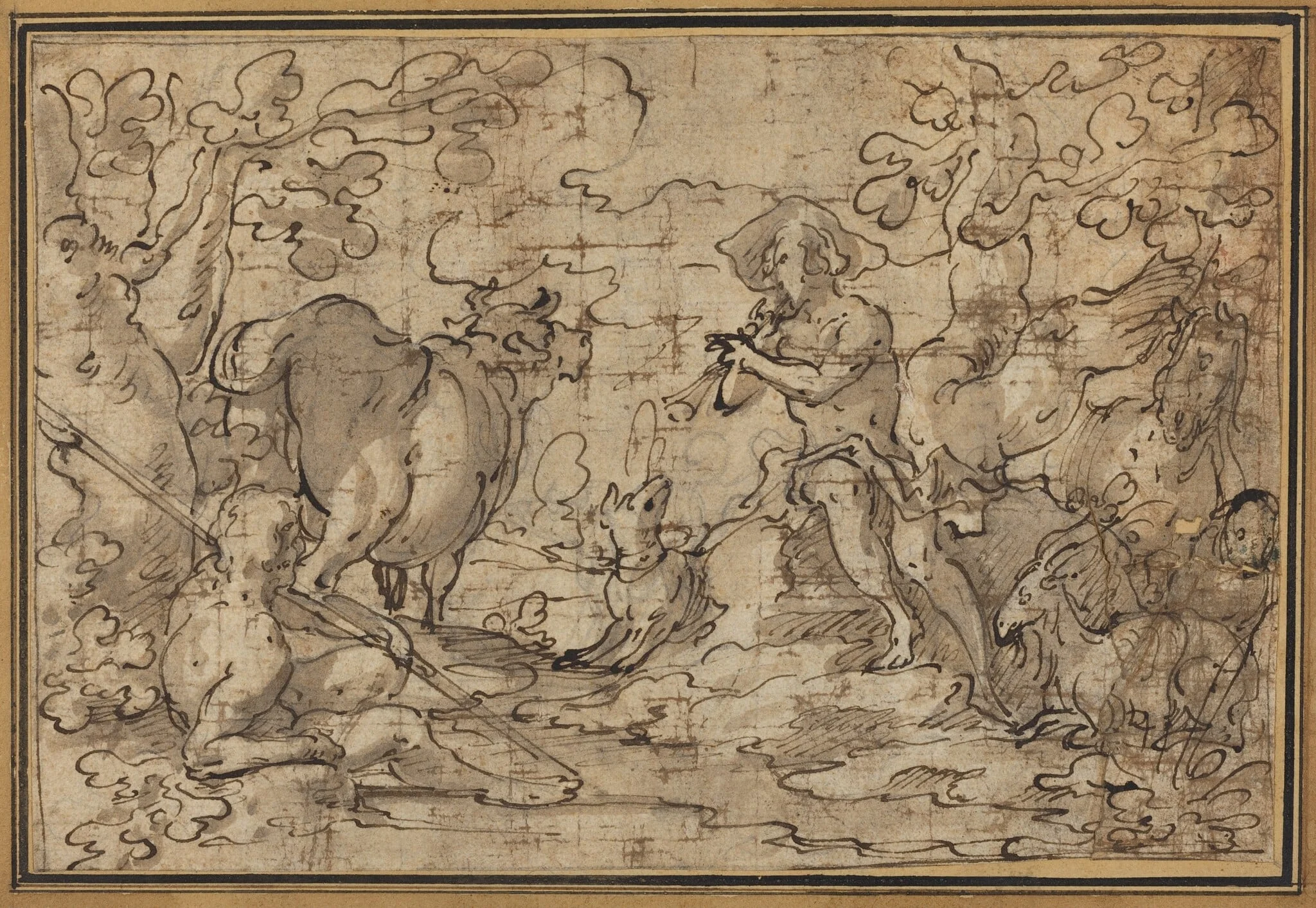 Mercury and Argus, by Joachim Anthonisz Wtewael, ink, 1602