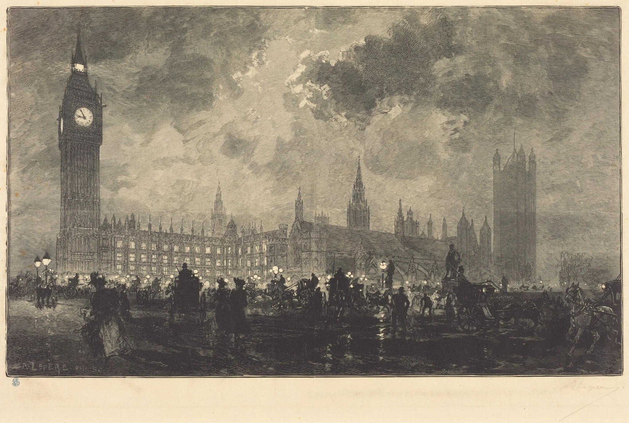 Parliament at 9 o'Clock in the Evening - London (Le parlement a 9 heures du soir - Londres), by Auguste Lepère, ink, 1890