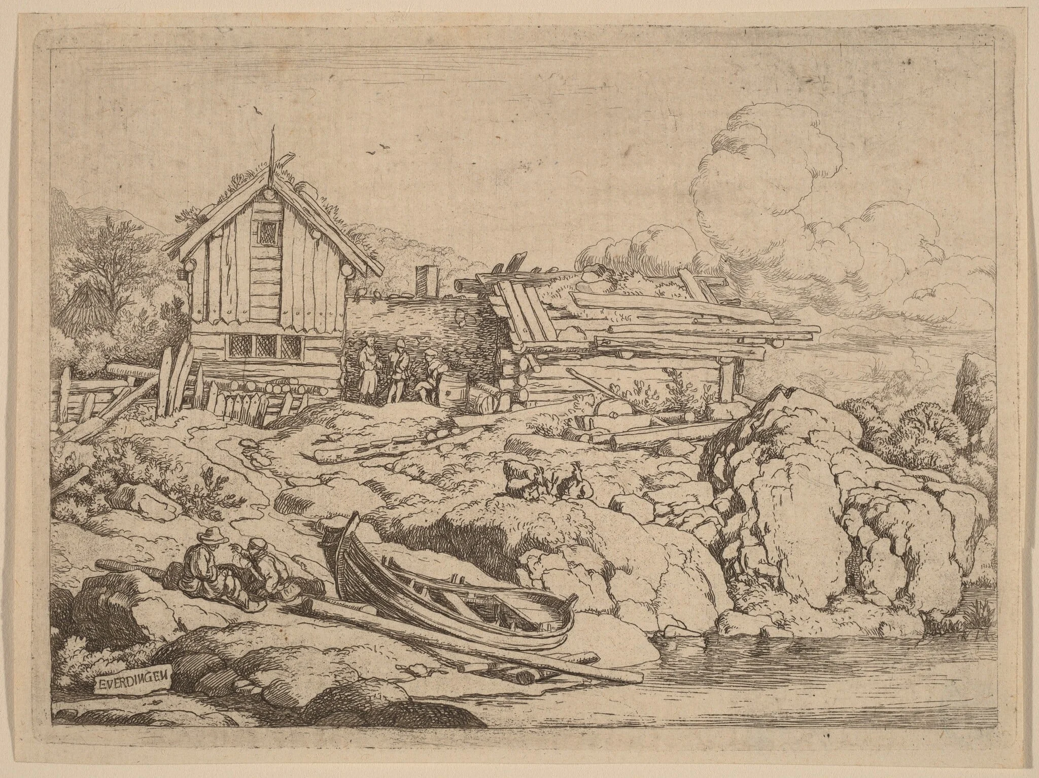 Boat at a River Bank with Three Goats, by Allart van Everdingen, ink, 1650