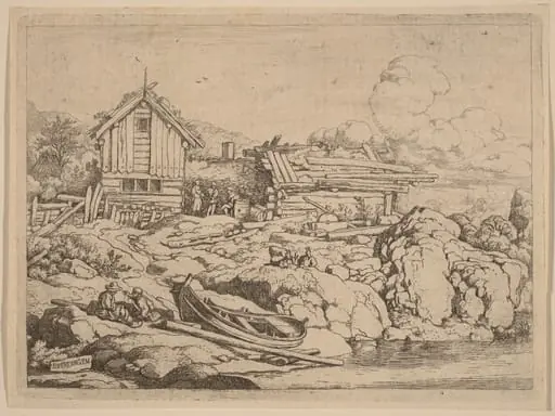 Boat at a River Bank with Three Goats