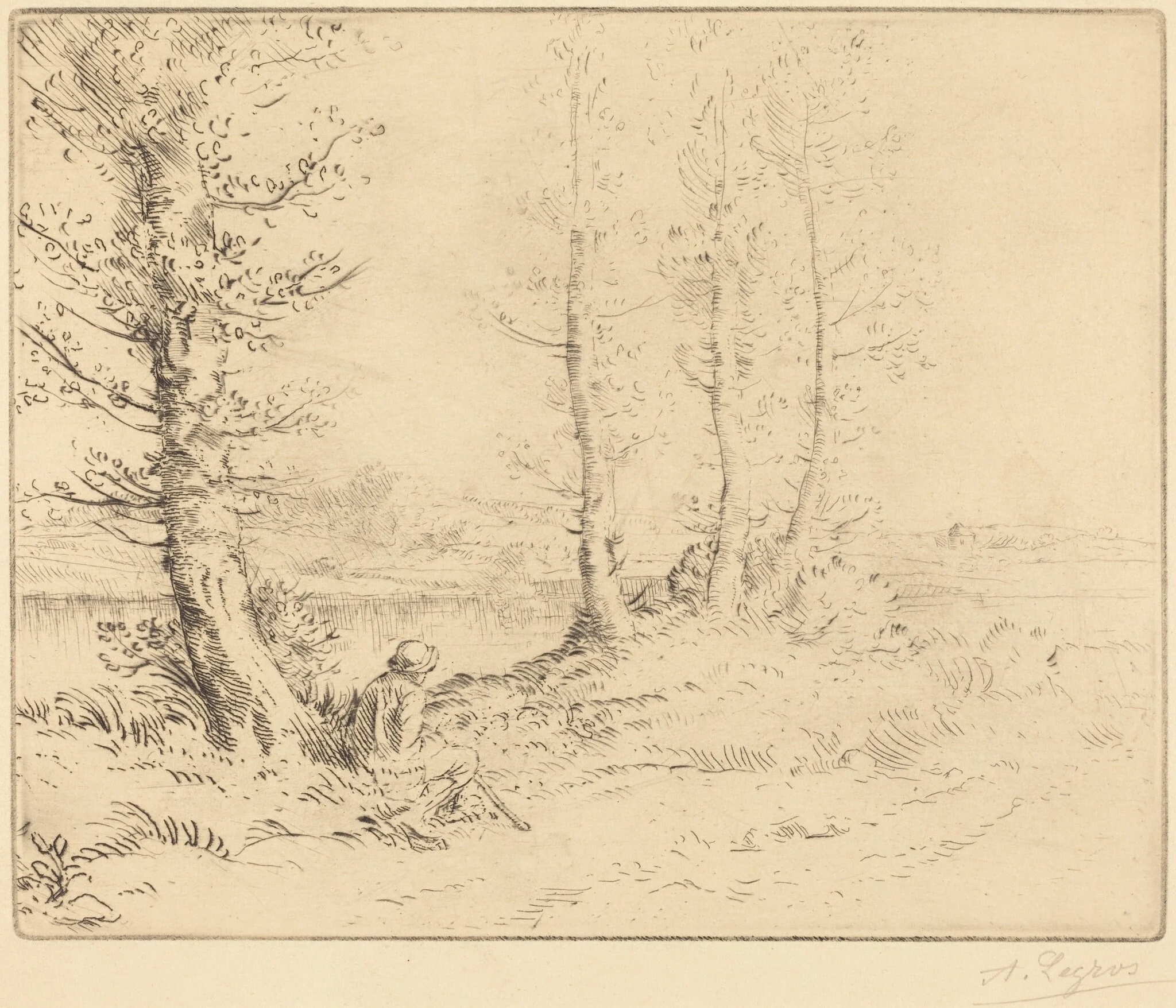 Along the River (Le long de la rive), by Alphonse Legros, ink, 1874