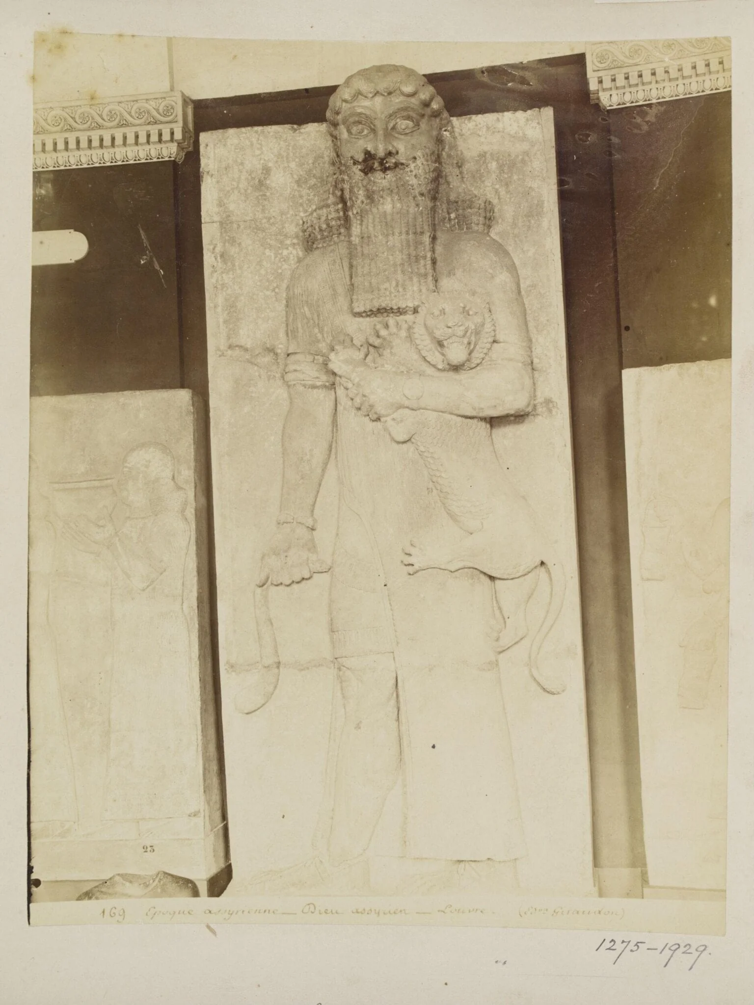 Relief showing Gilgamesh suffocating the lion from Palace of Khorsabad, period of Sargon II (722-795 B.C.), by Unknown, photographic, 1884