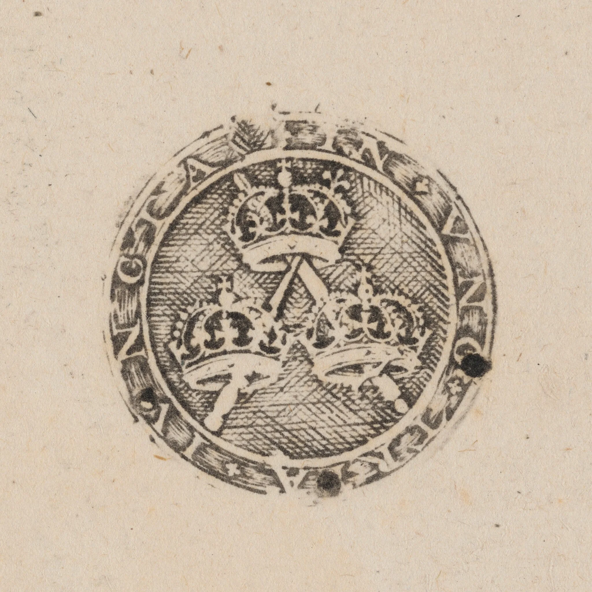 Three Crowns Supported by Two Sceptres [right half], by Dutch 17th Century, ink, 1650