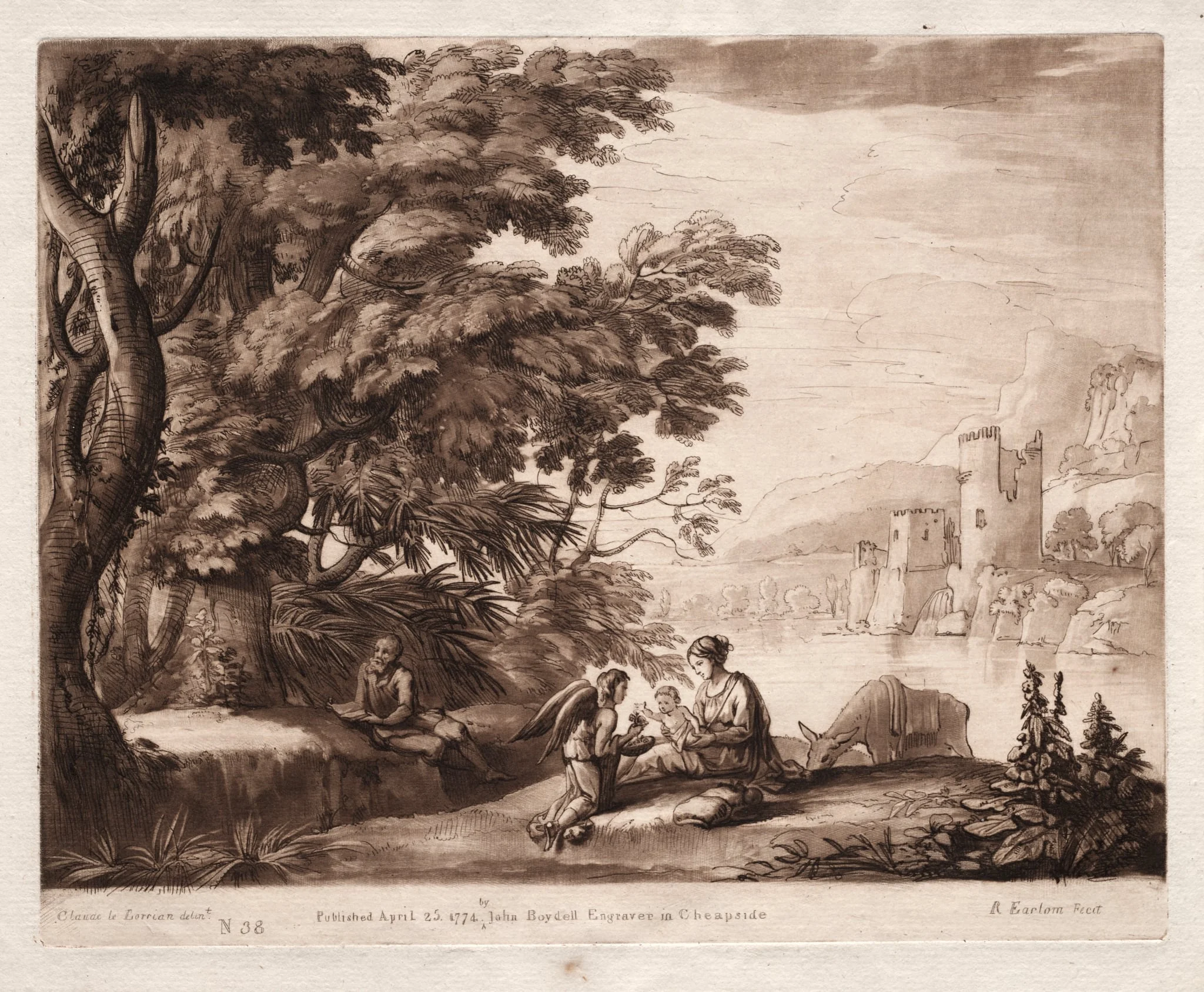 Liber Veritatis:  No. 38, The Repose of the Holy Family along a River, by Richard Earlom, 1774