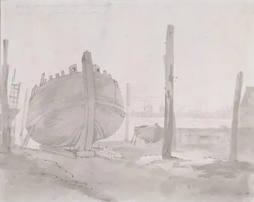 A river scene with vessel at sunset