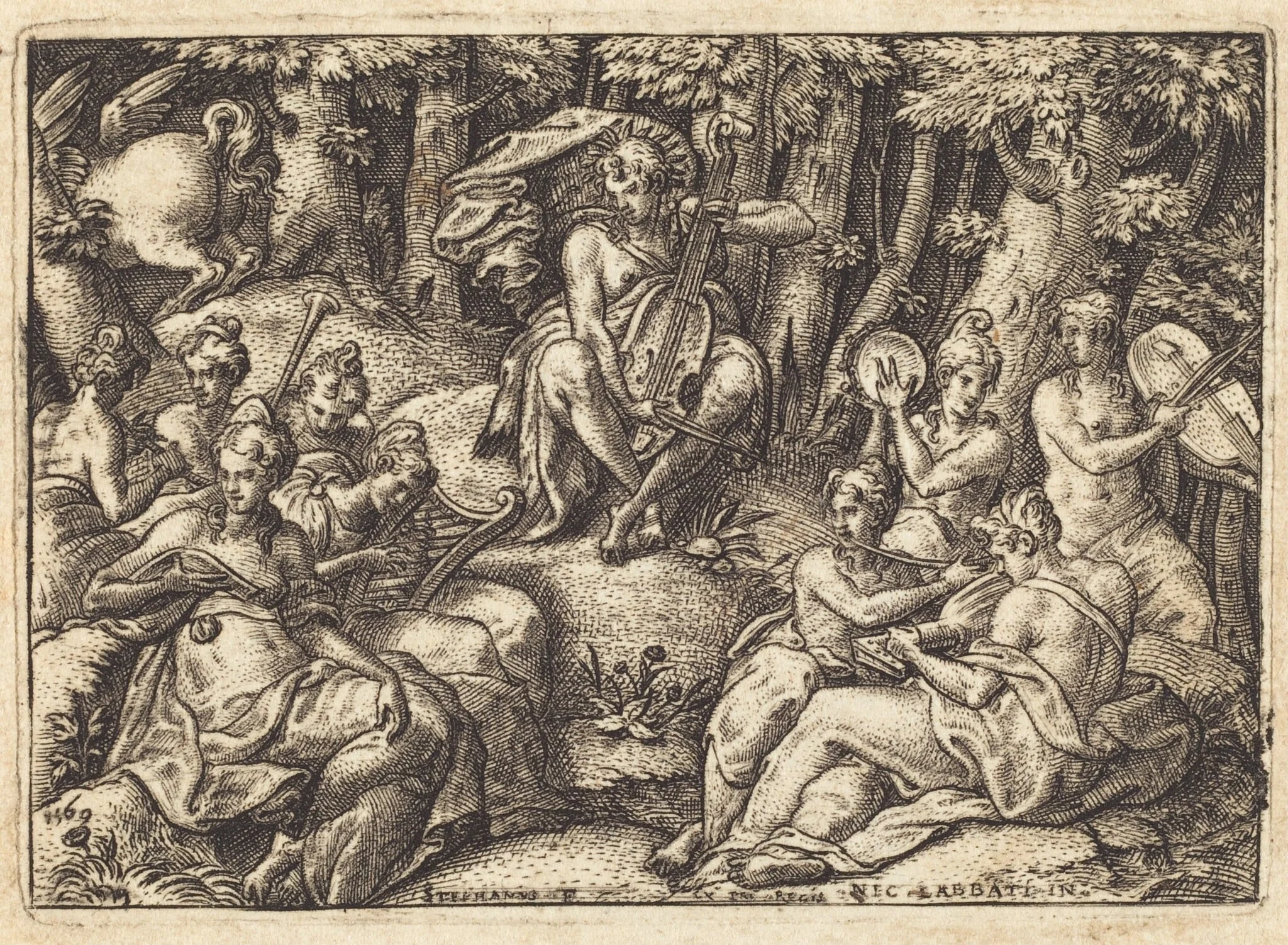 Apollo on Mount Parnassus, by Etienne Delaune, ink, 1569