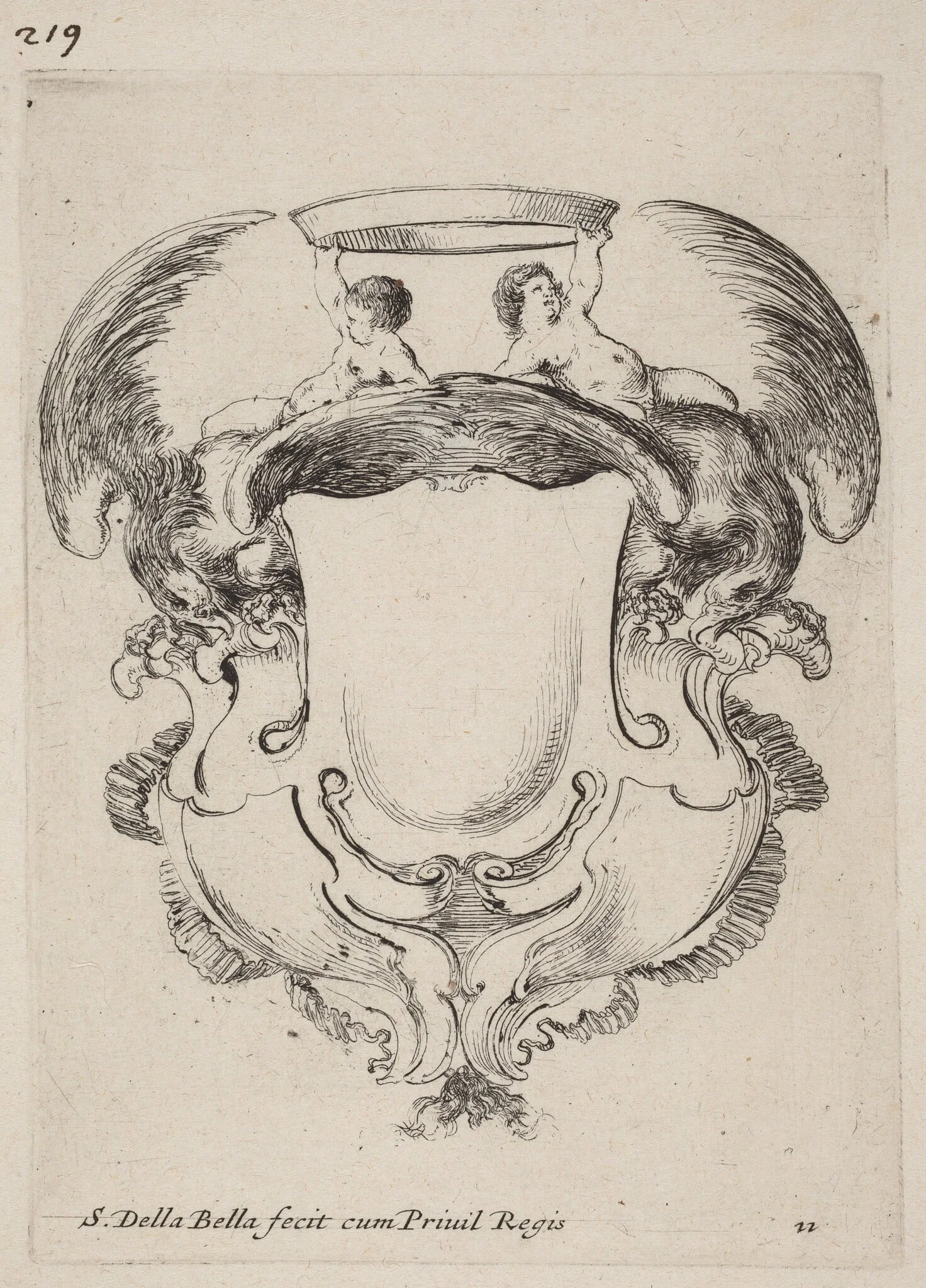 Cartouche with Eagles and Two Infants  Holding a Crown, by Stefano Della Bella, ink, 1647