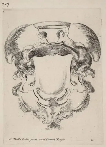 Cartouche with Eagles and Two Infants  Holding a Crown