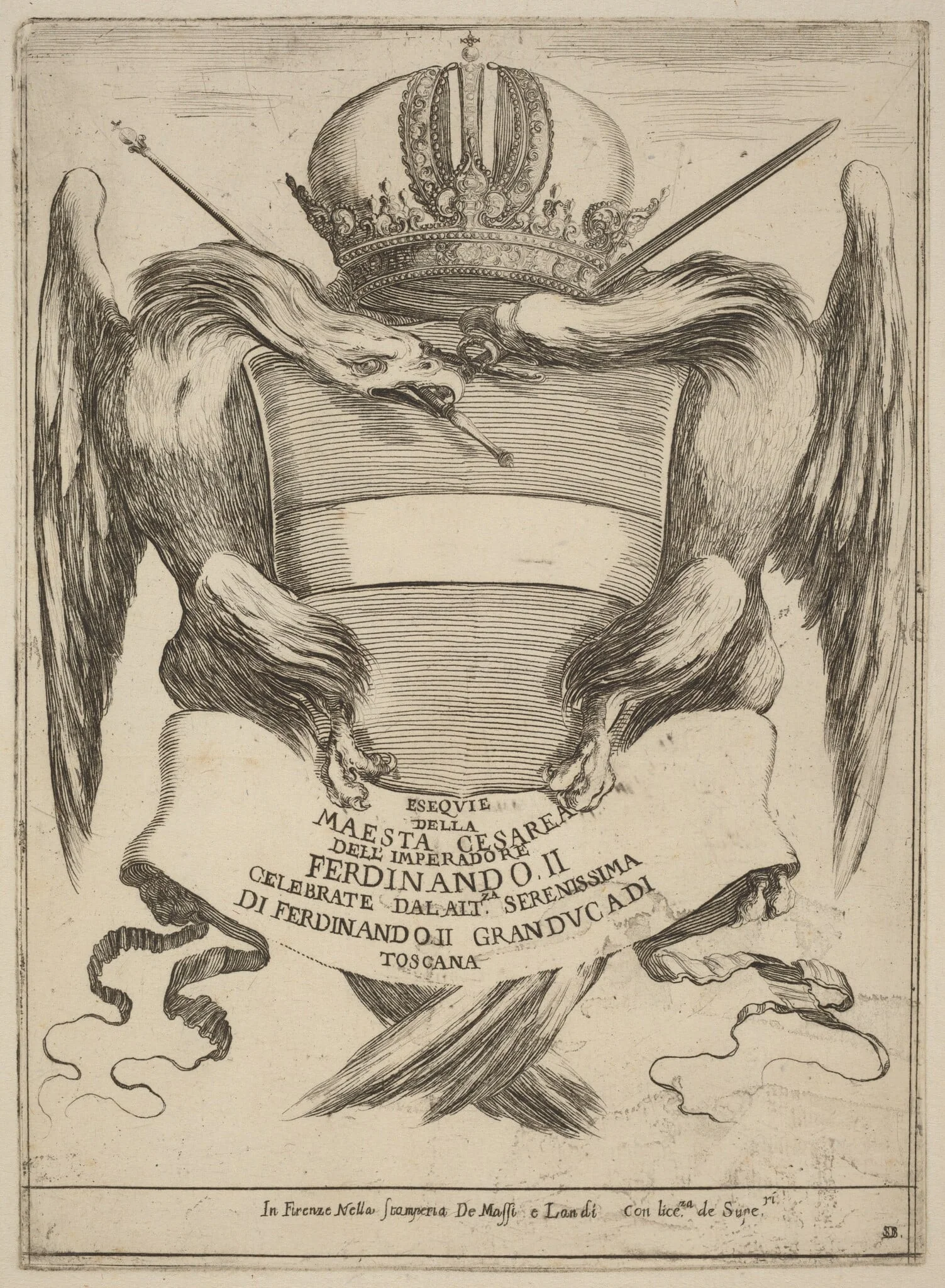 Arms with a Dedication to Grand Duke Ferdinand II, by Stefano Della Bella, ink, 1637