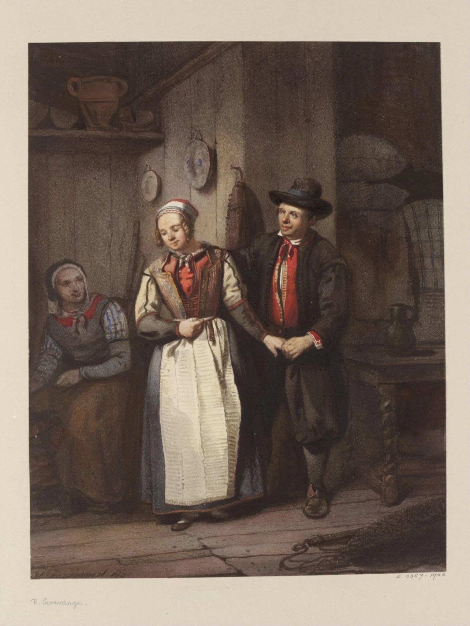 A Betrothal Scene.  Interior with Dutch peasants, by Reinier Craeyvanger, watercolor, 1841
