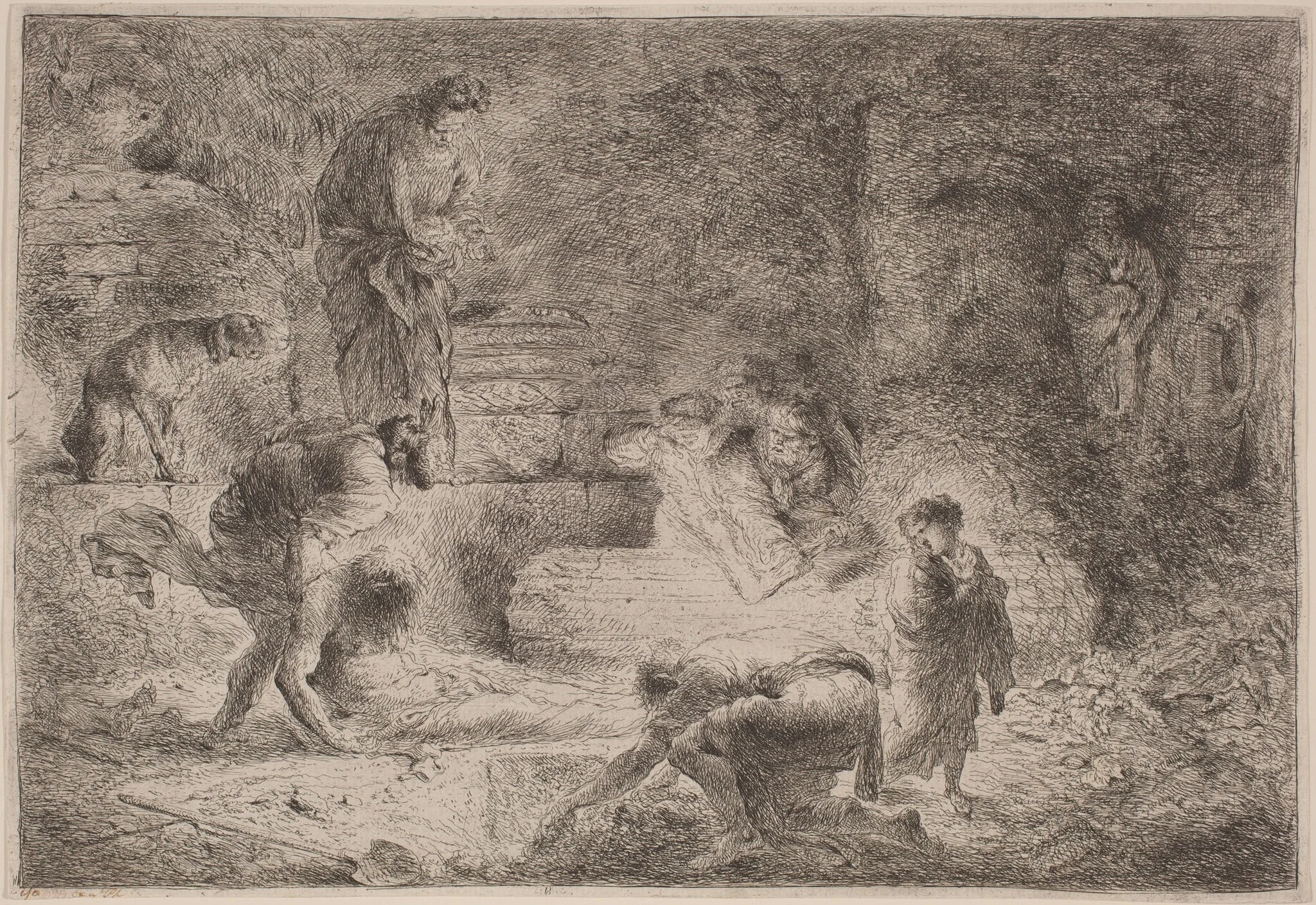 Tobit Burying the Dead, by Giovanni Benedetto Castiglione, ink, 1646