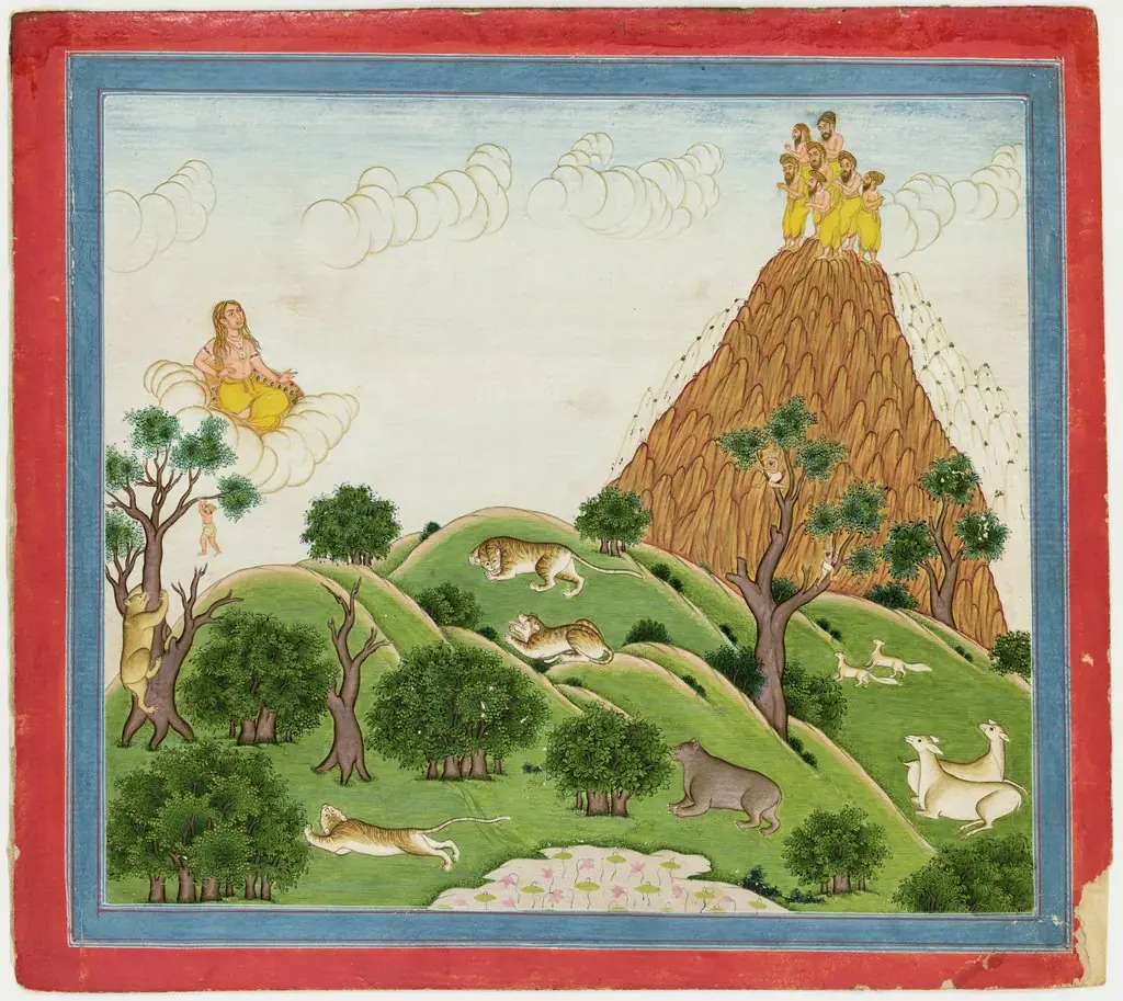 Illustrations to Life of Dhurva Maharaj: #22 Dhurva reaches the mountain of gold where 7 sacred Rishis who are called the Seven Stars receive him