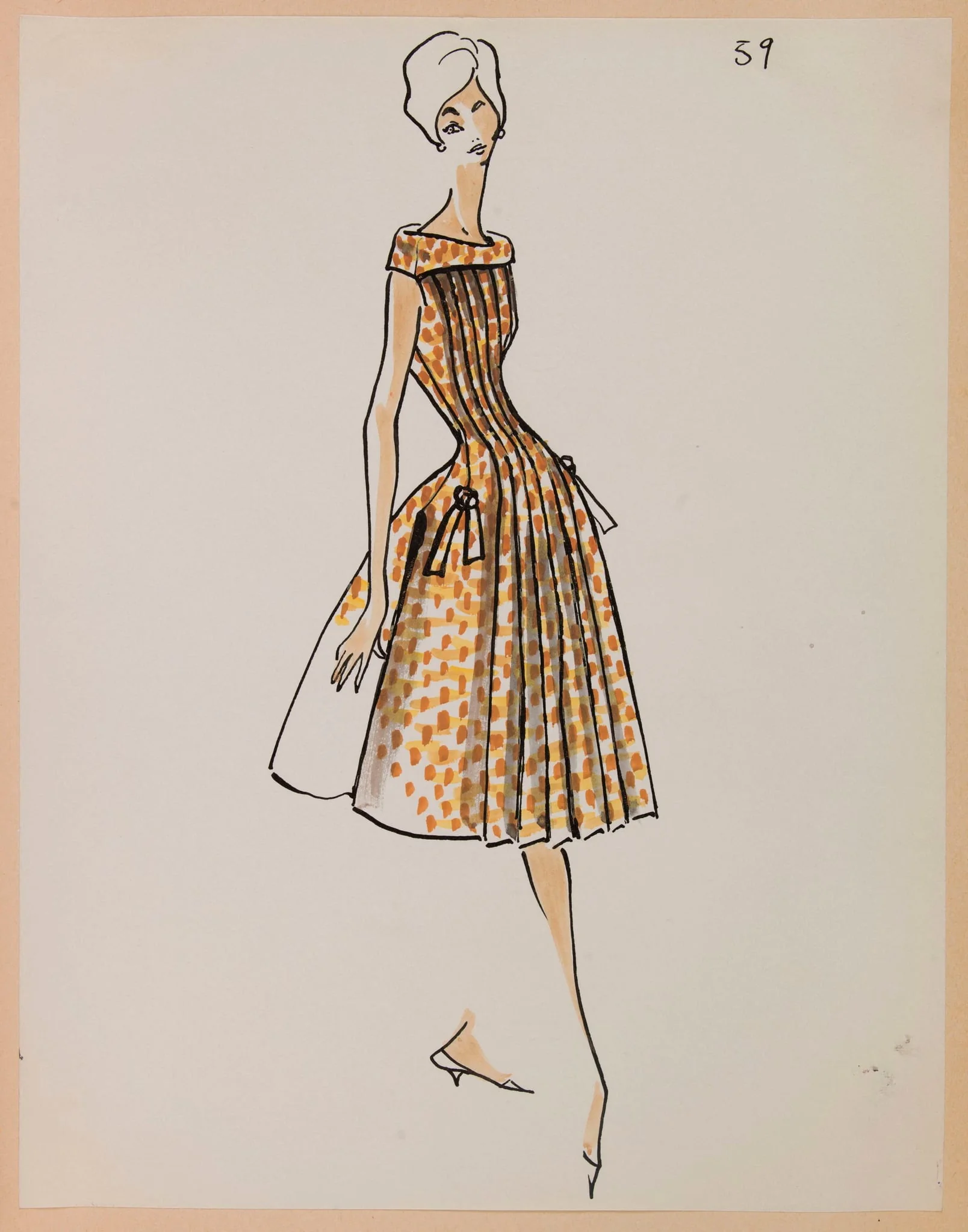 Robe à motif marron plissée sur le devant, by Carven, 1959