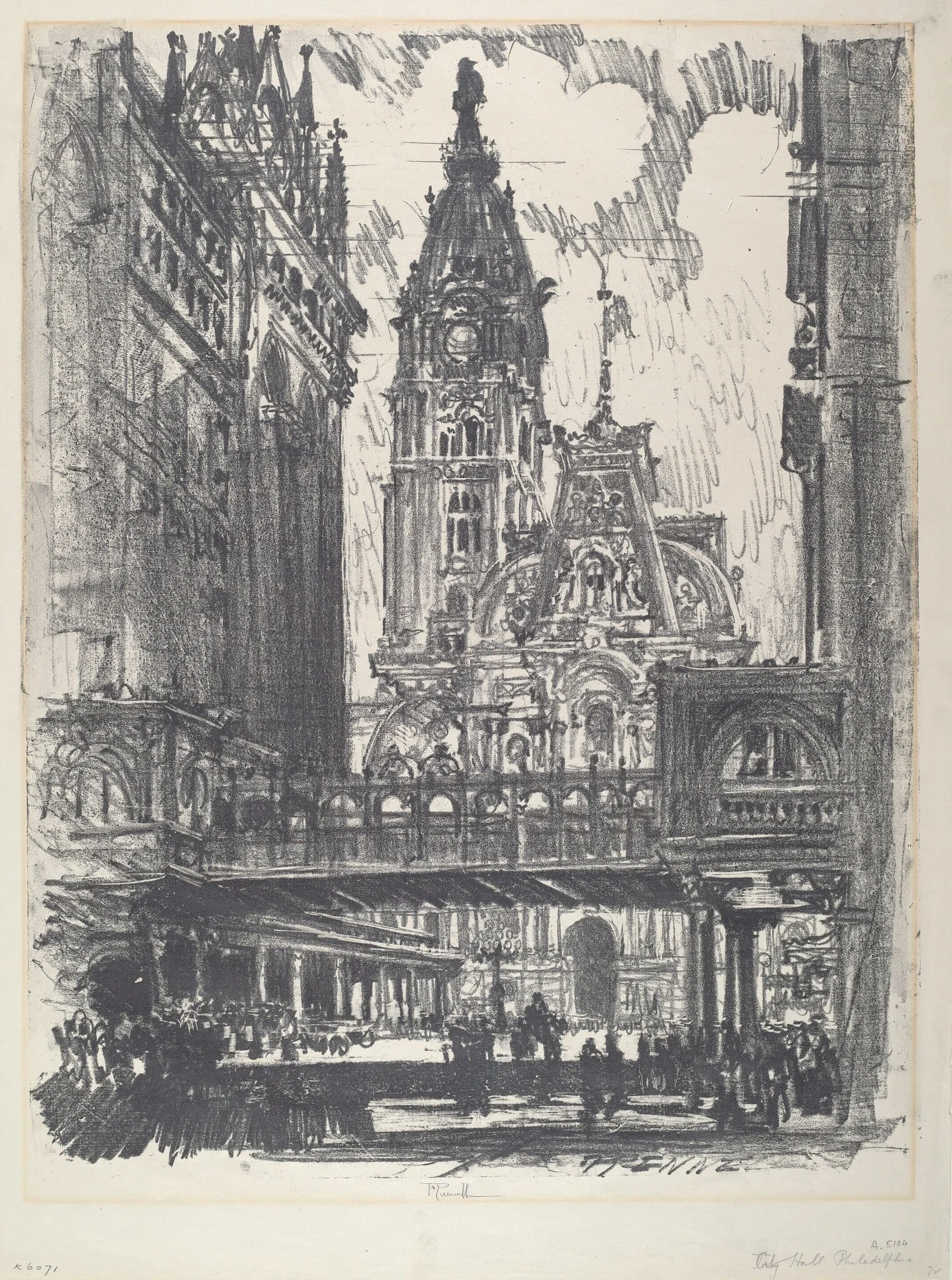The City Hall and Bridge across Market Street, by Joseph Pennell, ink, 1912
