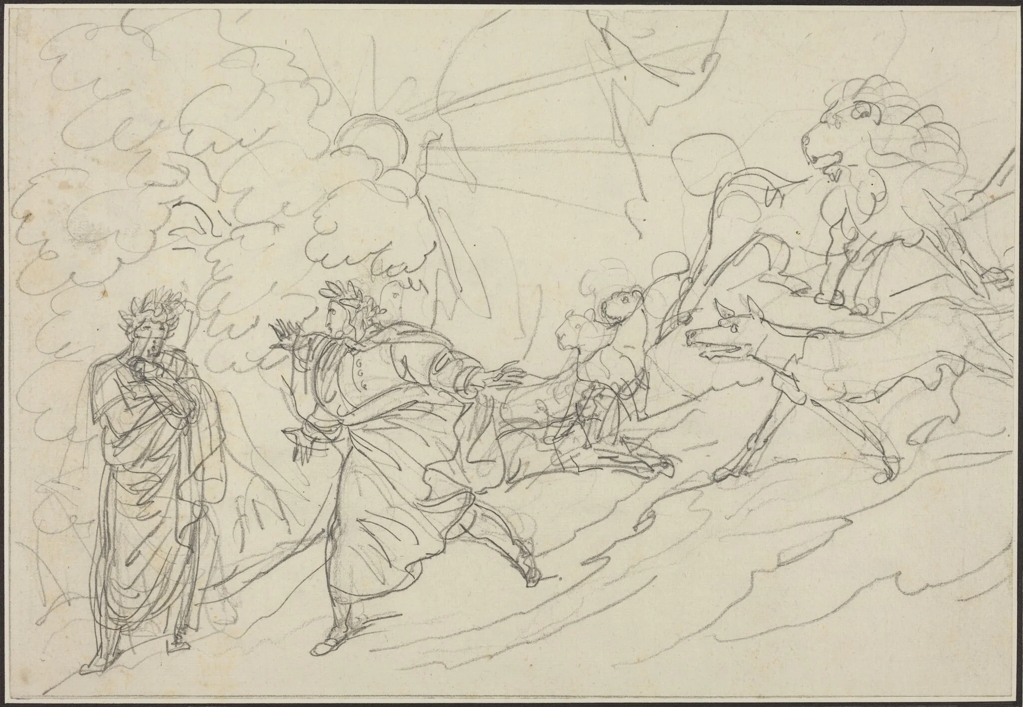 Dante Flees the Wild Beasts and Meets Virgil, by Bartolomeo Pinelli, graphite, 1824