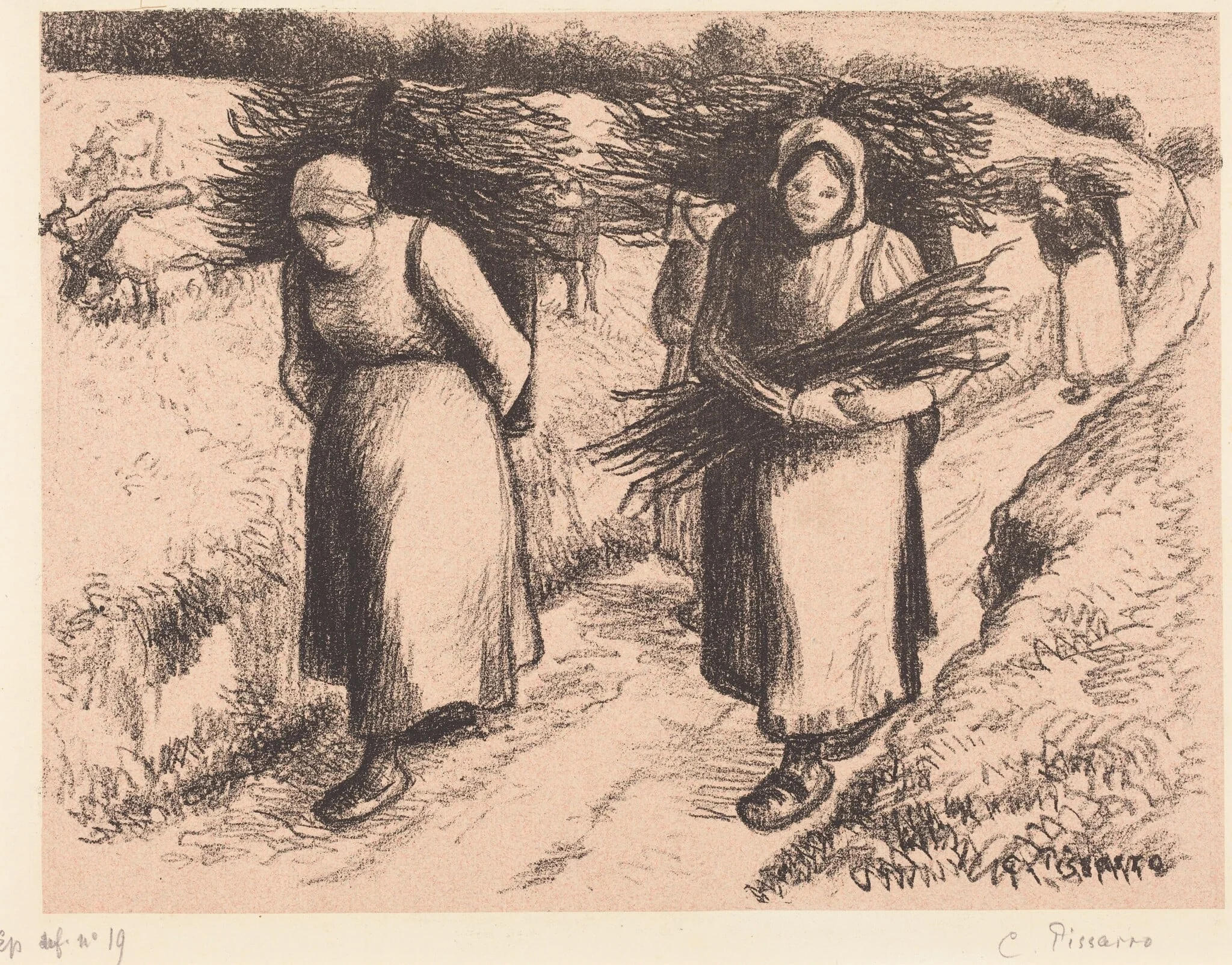 Peasants Carrying Sticks (Paysannes portant des fagots), by Camille Pissarro, ink, 1896
