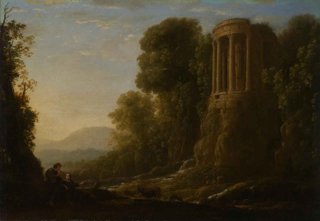 River landscape with Tiburtine Temple at Tivoli, by Claude Lorrain, oil, 1650