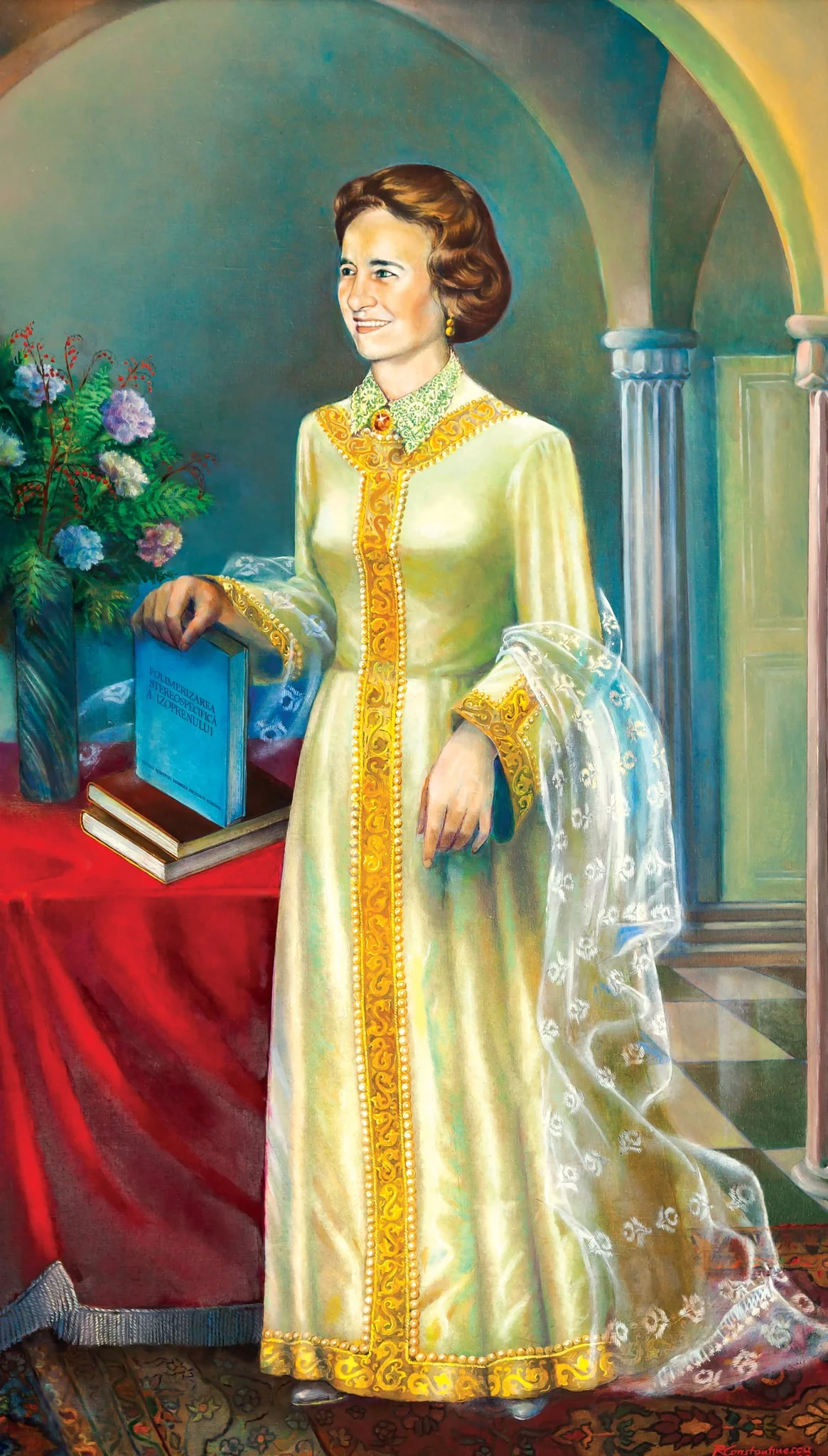 Tablou, ulei pe pânză, portret Elena Ceaușescu, semnat R. Constantinescu și datat în partea dreaptă jos. Elena Ceaușescu este reprezentată în ținută de pințesă medievală, pe fundal o sală cu arcade dând impresia unui palat; în mâna dreaptă a Elenei Ceaușescu lucrarea sa de doctorat ”Polimerizarea stereospecifică a izoprenului”. Comandat și oferit de Comitetul Județean de Partid Argeș (1983).