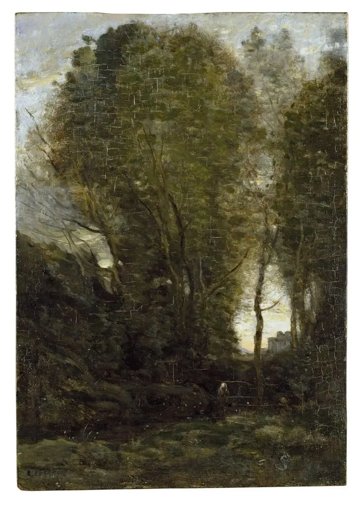 Twilight: Landscape with Tall Trees and a Female Figure
