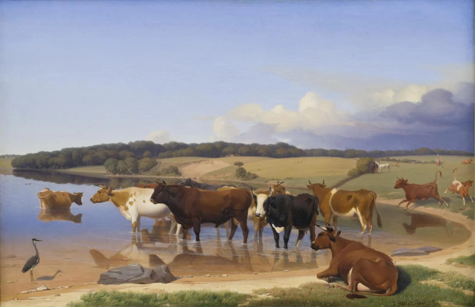 En flok kvæg har søgt kølighed i en sø på en hed sommerdag, by Unknown, 1846