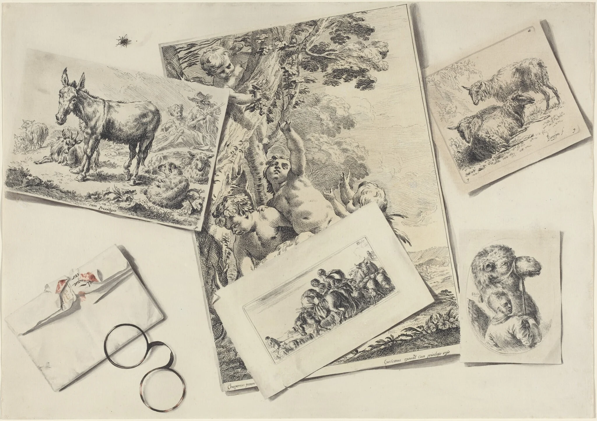 Trompe l'Oeil: Old Prints, a Torn Envelope with Horn-rimmed Glasses, and a Housefly, by Jean-Pierre-Xavier Bidauld, ink, 1763