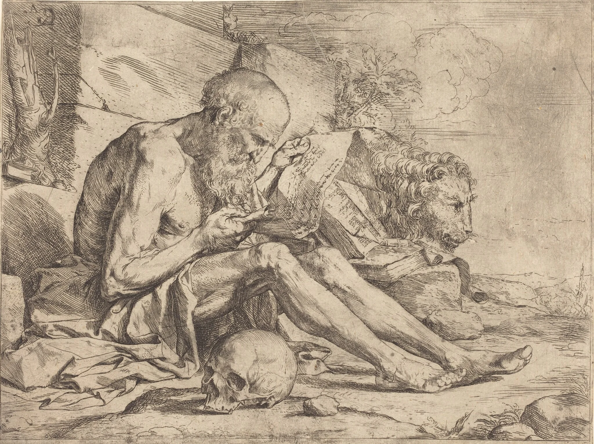 Saint Jerome Reading, by Jusepe de Ribera, ink, 1624
