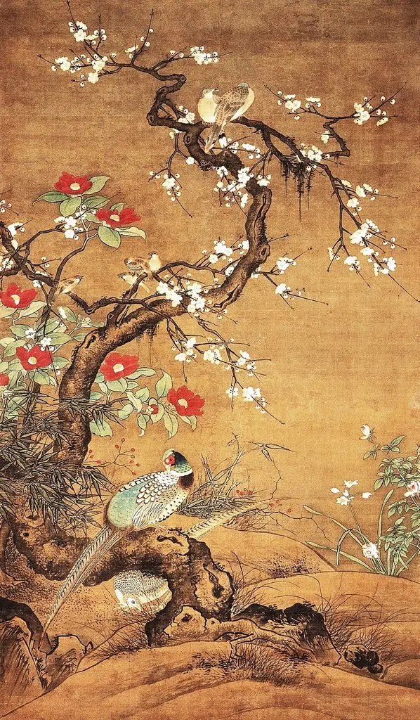Pheasant and camellia shrub