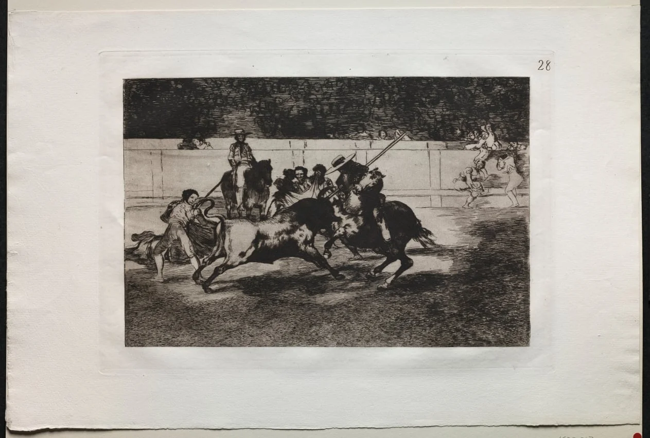 Bullfights:  The Forceful Rendon Stabs a Bull with  the Pique, From Which Pass he died in the Ring at Madrid, by Francisco Goya, 1816