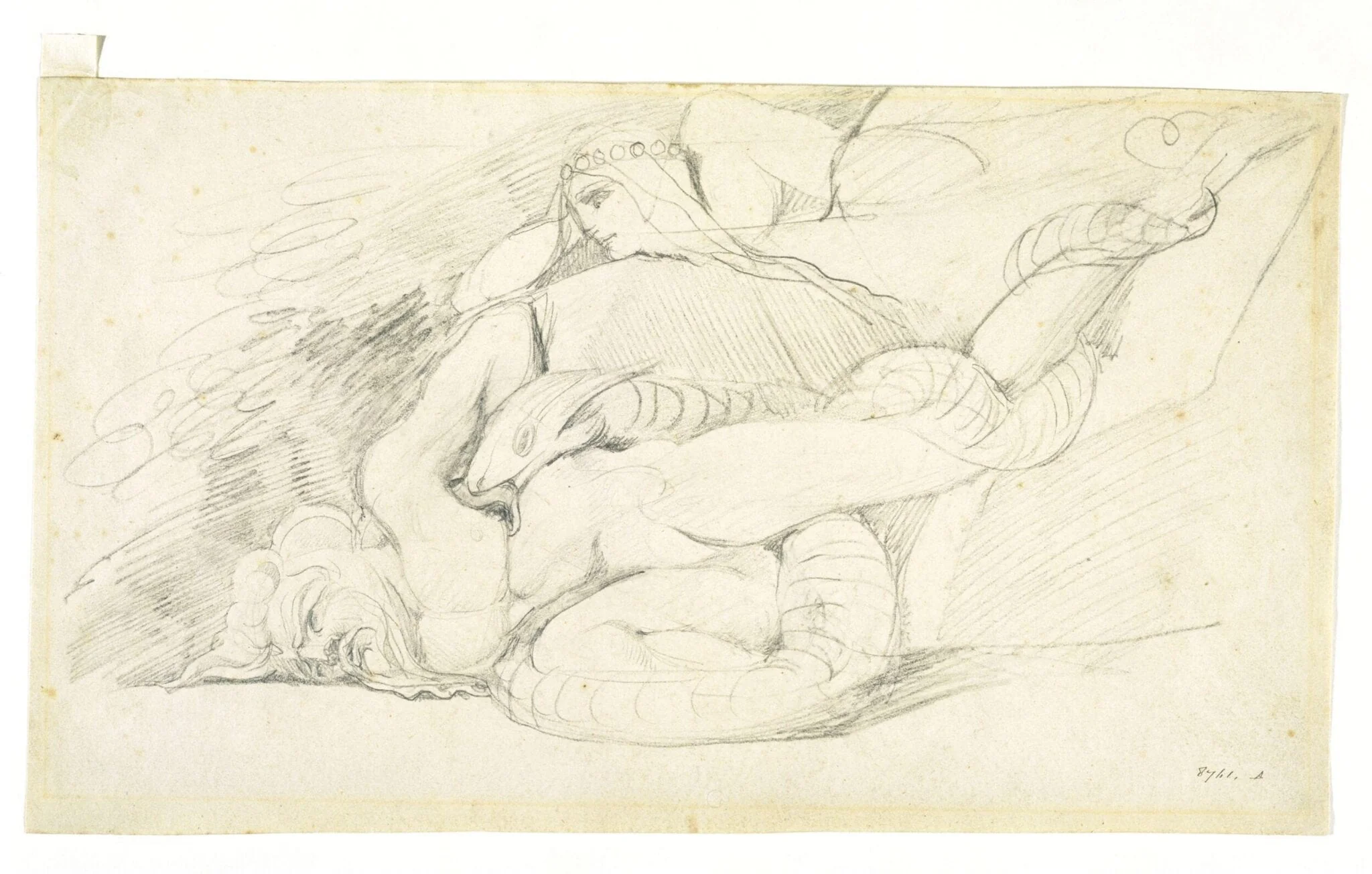 A woman gazing at the prostate body of a man, around which a serpent is coiled, by William Blake, 1750