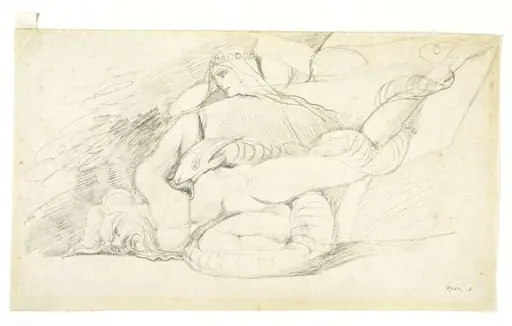 A woman gazing at the prostate body of a man, around which a serpent is coiled