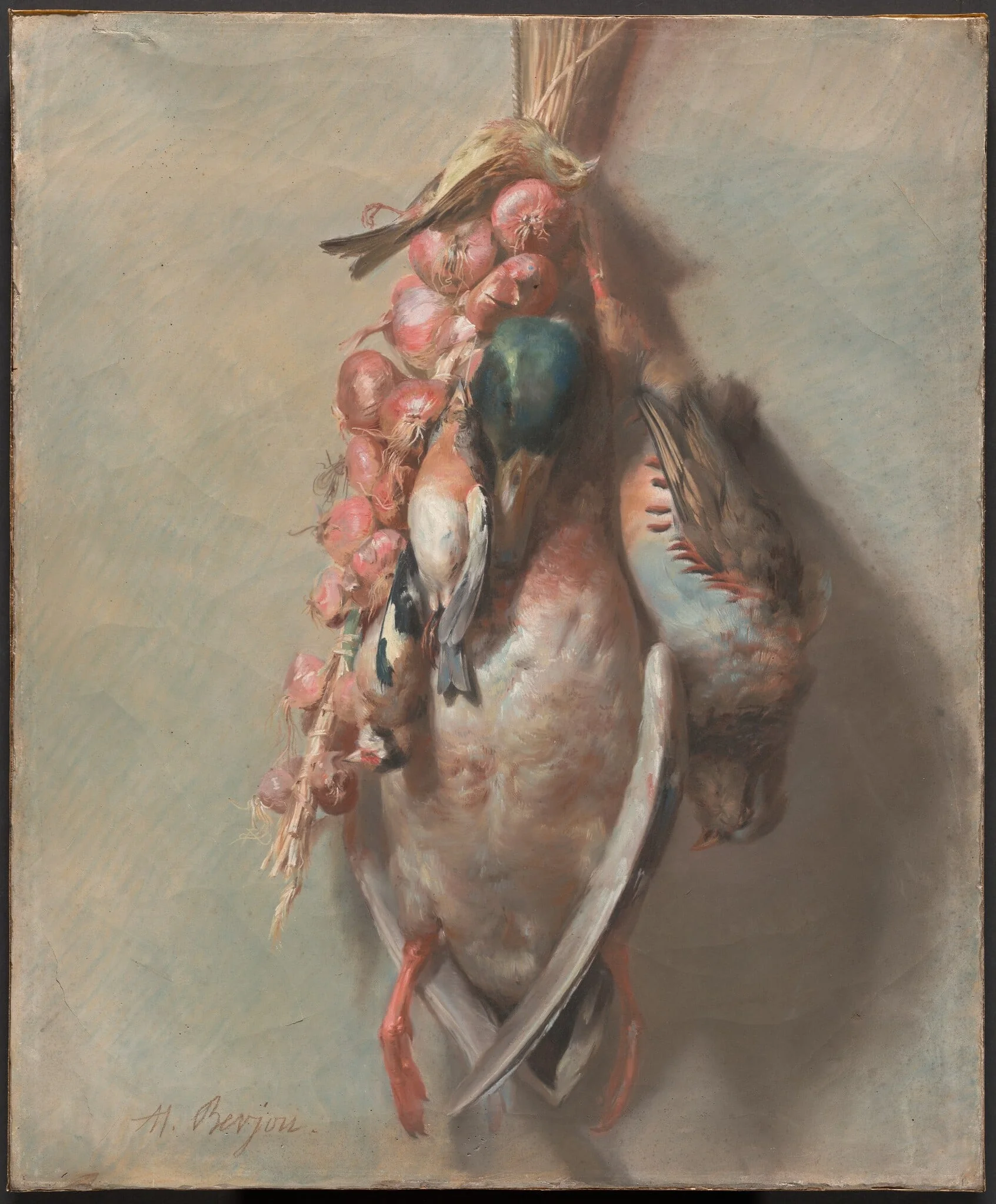Hunting Trophy with Mallard, Partridge, Goldfinches, and Onions, by Antoine Berjon, pastel, 1810
